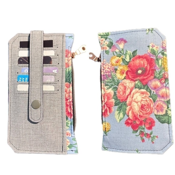 Hand Crafted Handbags - wallet flowers grey card slot zipper pockets handmade purse pal